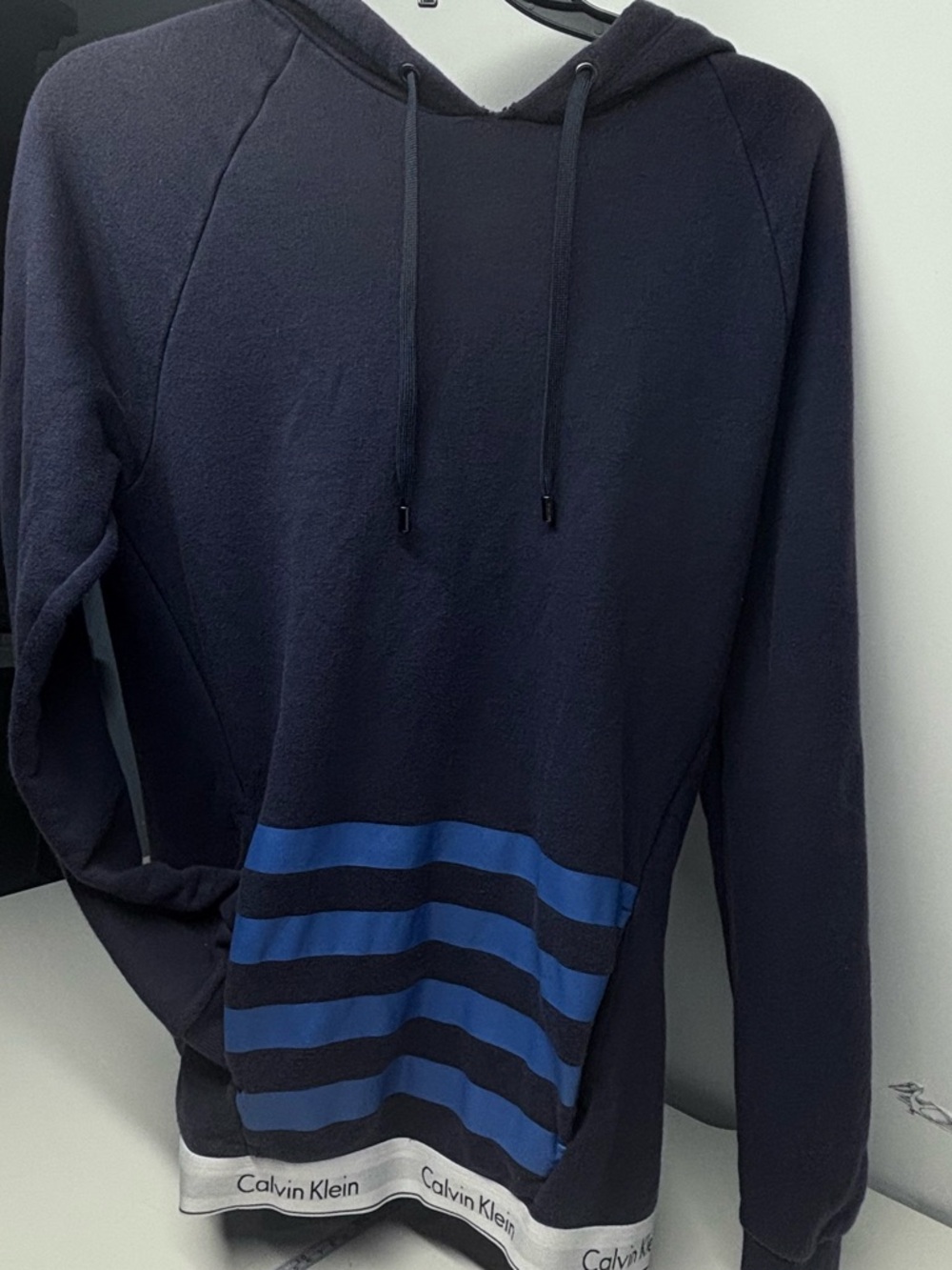 Calvin Klein Navy Blue Striped Hoodie with Logo Waistband - Small - Picture 2 of 5